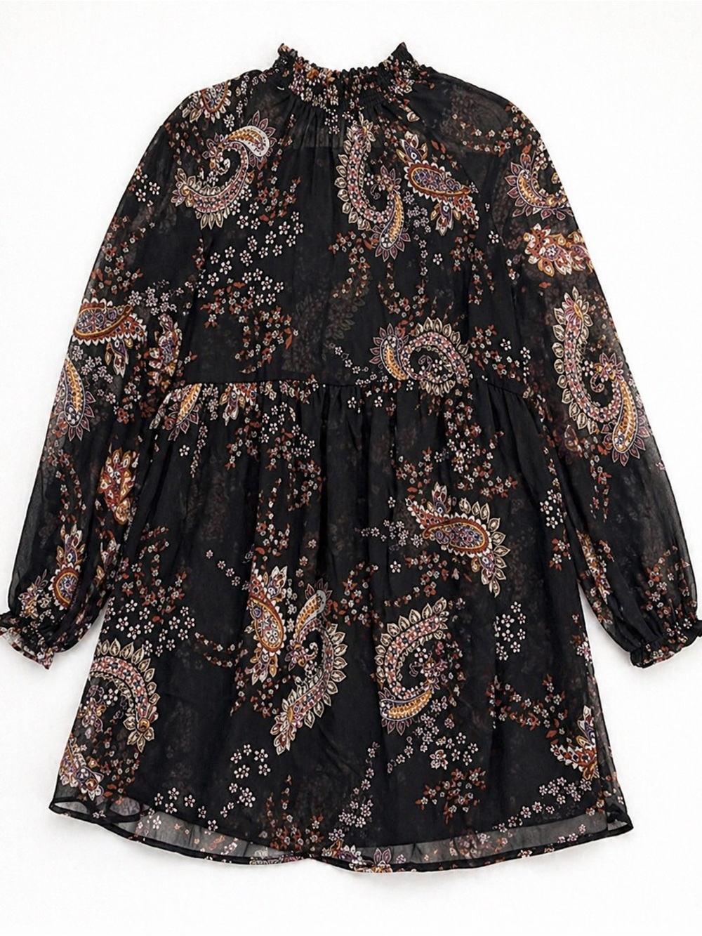 Wonderly Sheer Paisley Tunic Dress | Smocked Neck Boho Mini | Flowy Romantic